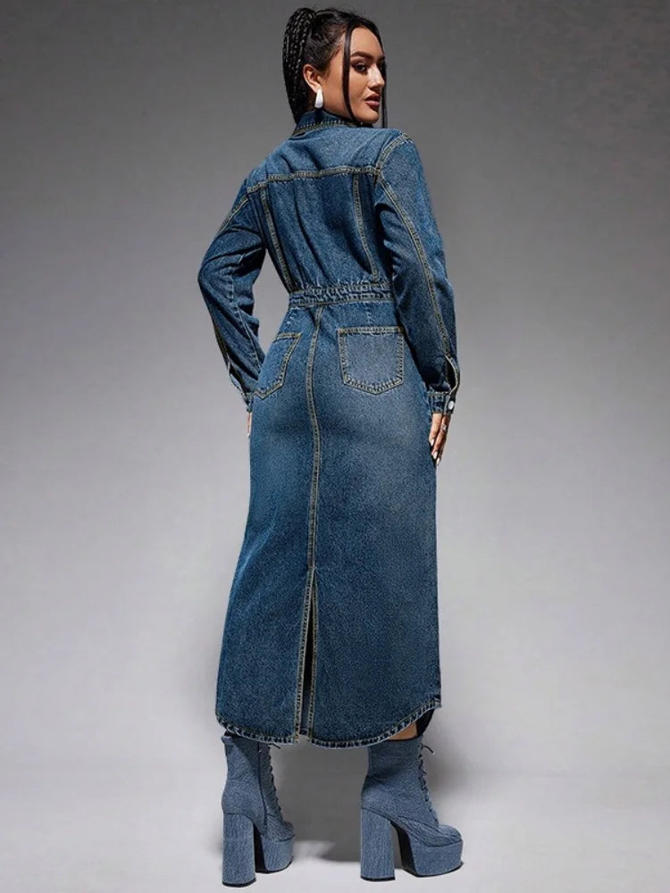 FZ Women's Long Sleeve Maxi Streetwear Denim Dress