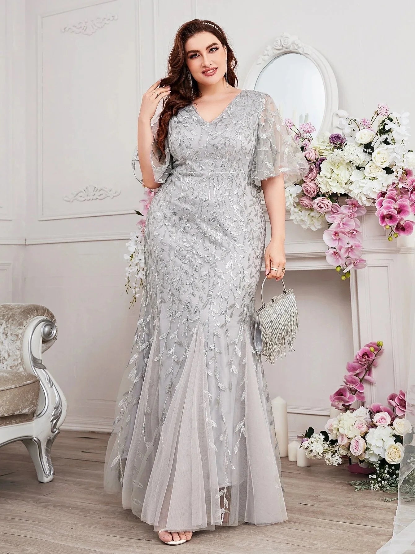 FZ Women's Plus Size Leaf Print Mesh Mermaid Evening Dress - FZwear