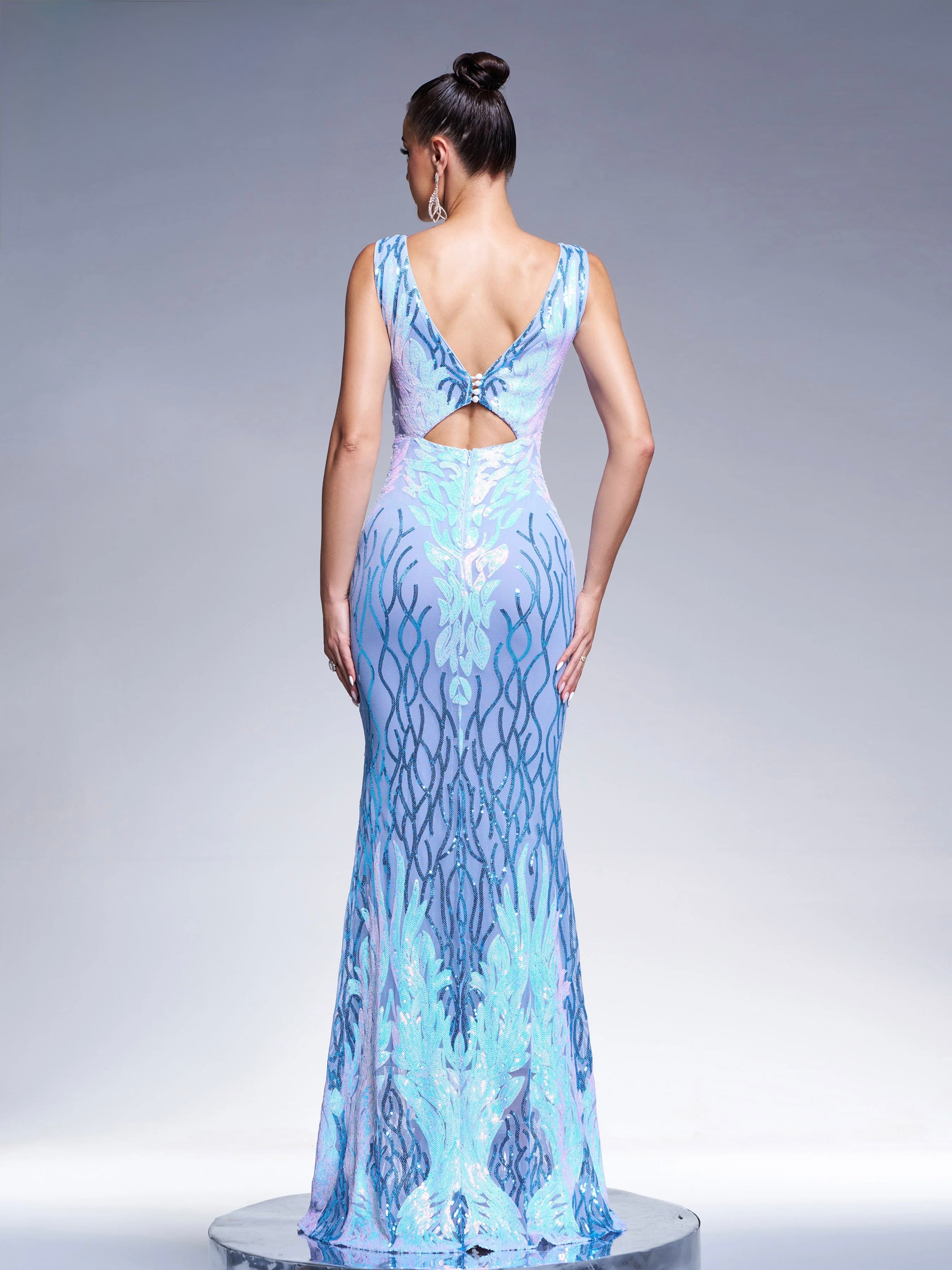 FZ Women's V Neck Cutout Sequin Mermaid Cocktail Maxi Evening Dress