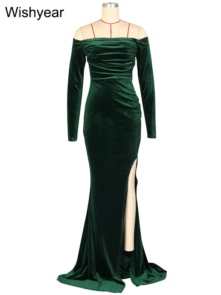 FZ Women's Velvet Off Shoulder Long Sleeve Ruched Split Mermaid Evening Dress
