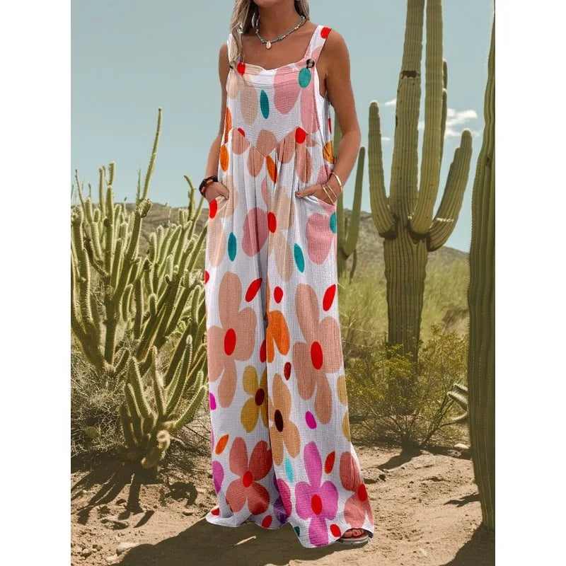 FZ Women's Vintage Flower Daisy Print Casual Strap Wide Leg Jumpsuit - 3 - FZwear