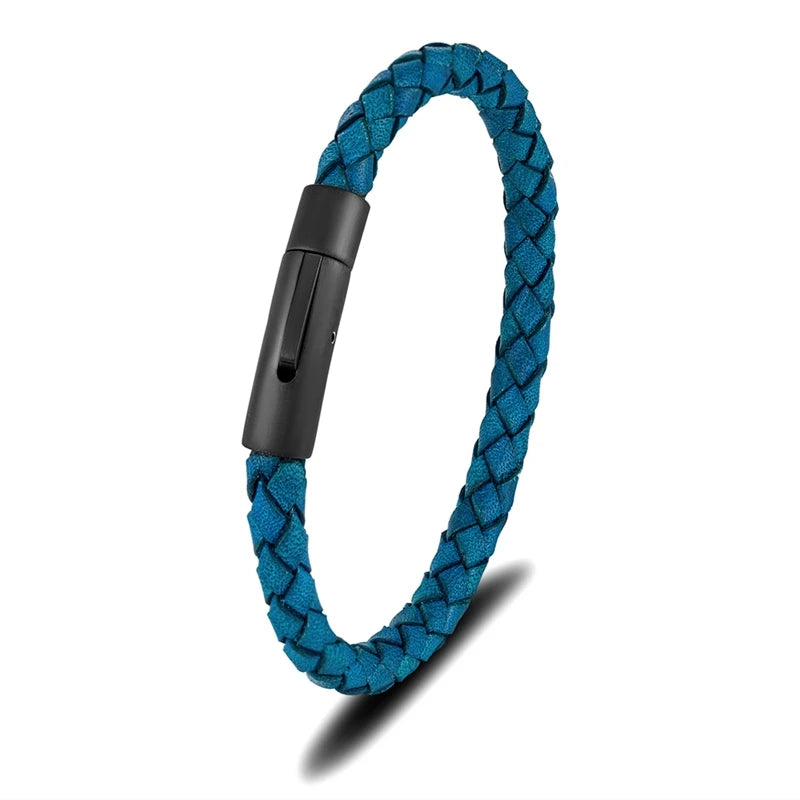 FZ Genuine Braided Blue Leather Stainless Steel Magnetic Buckle Bracelet - FZwear