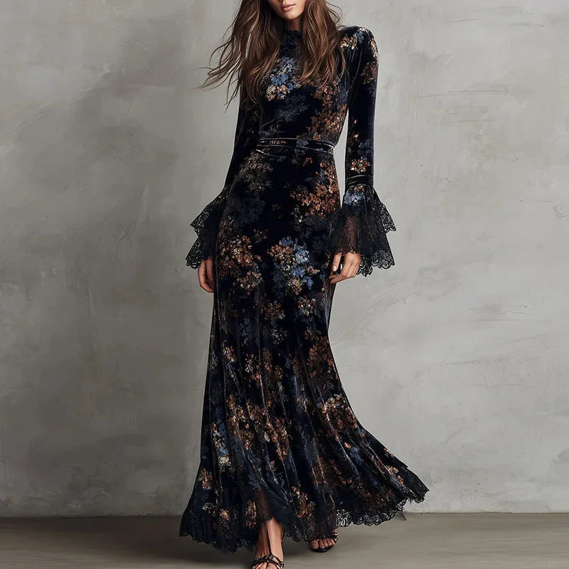 FZ Women's Retro Floral Print Velvet O Neck High Waist Evening Dress