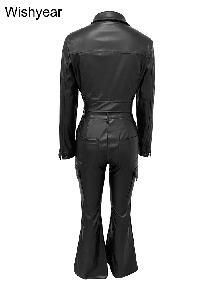 FZ Women's  PU Leather Long Sleeve Button Flared 2 Piece Pants Suit
