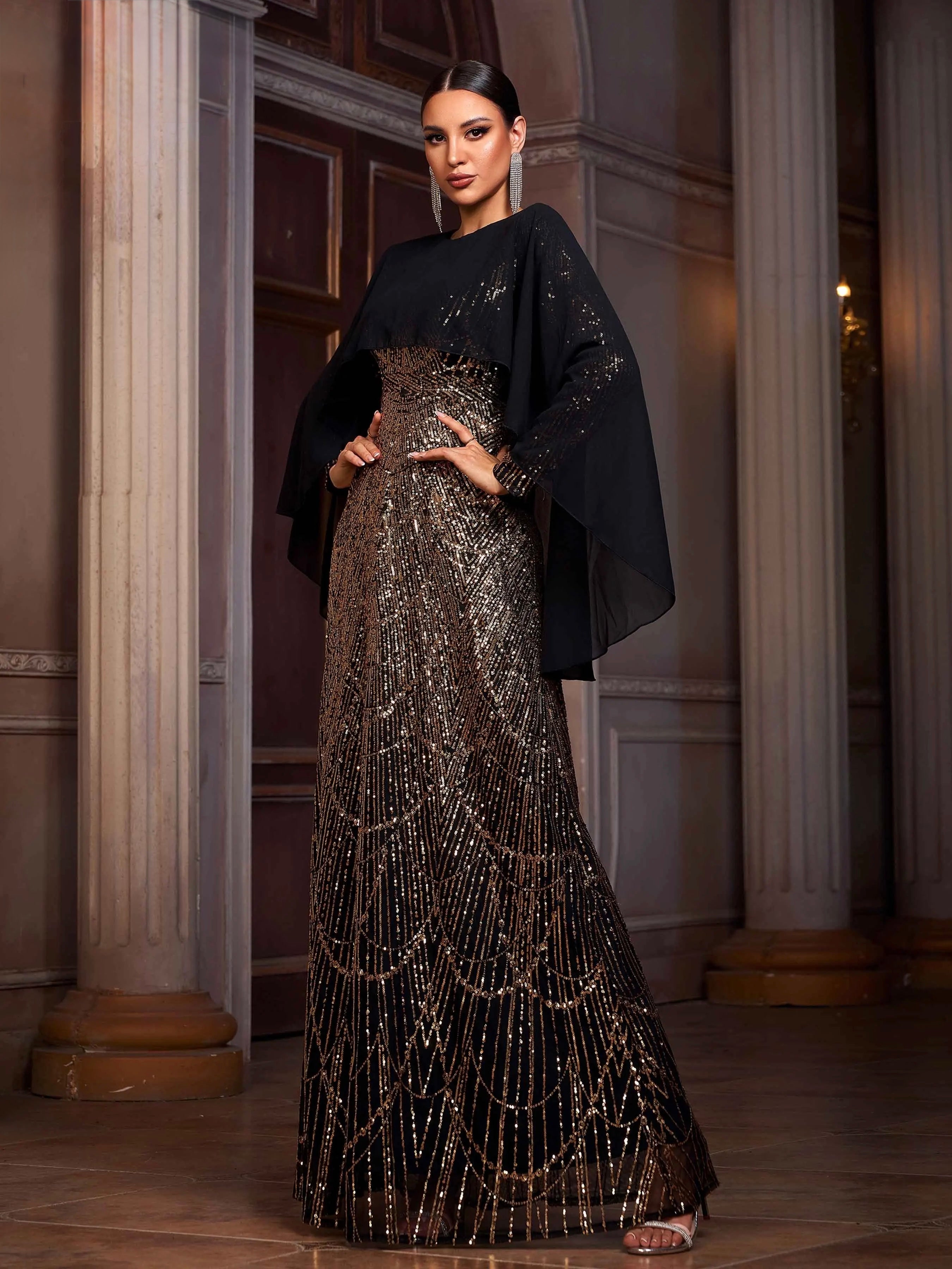 FZ Women's Round Neck A Line Sequin Batwing Sleeves Maxi Evening Dress