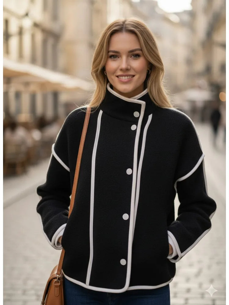 FZ Women's Simple Contrast Color High Neck Loose Fit Jacket