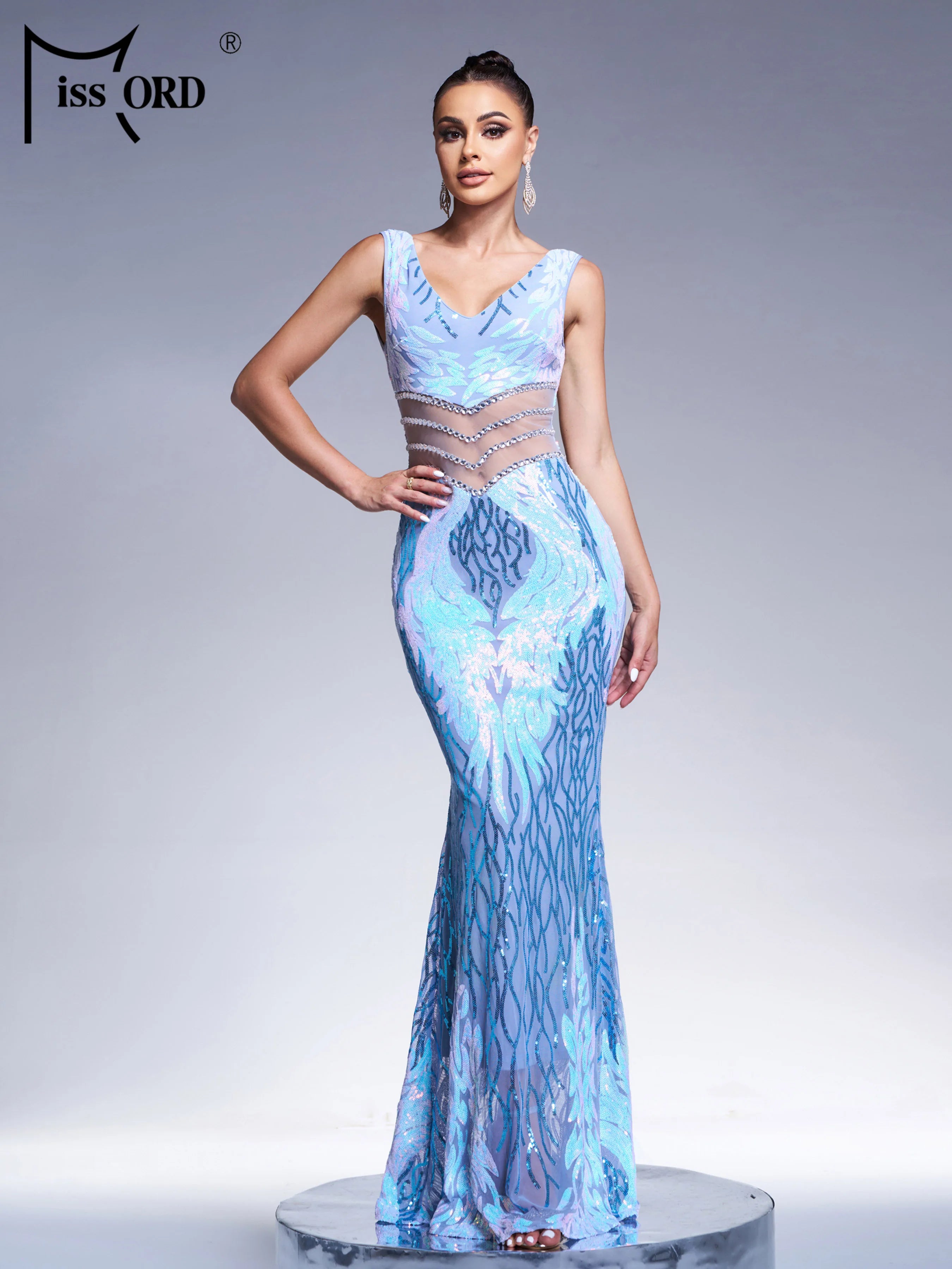 FZ Women's V Neck Cutout Sequin Mermaid Cocktail Maxi Evening Dress