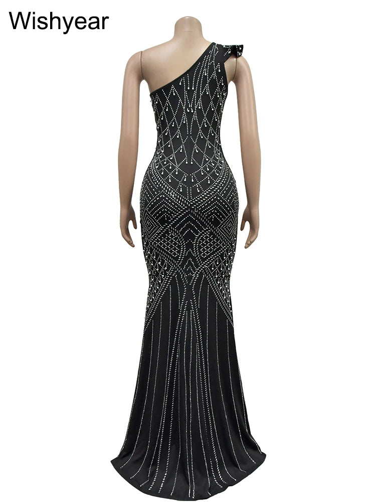 FZ Women's Rhinestone Diagonal Collar Sleeveless Maxi Evening Dress - FZwear