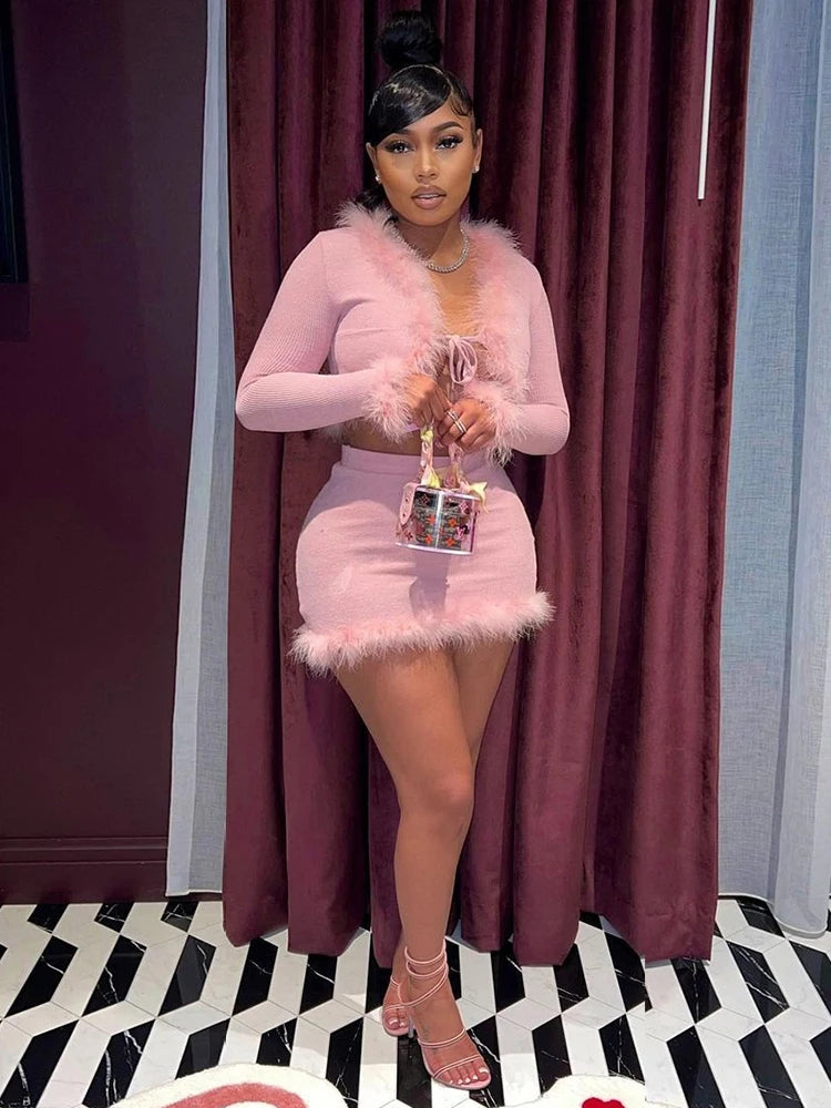 FZ Women's 2Piece Feathers Elastic Waist Tight Skirt Suits - FZwear