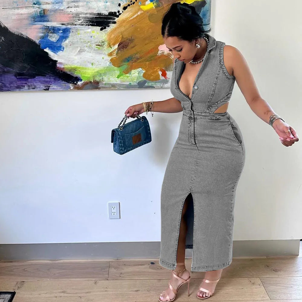 FZ Women's Halter Sleeveless Side Hollow Stretchy Slim Denim Dress