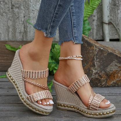 FZ Women's Gold Weaving Wedge Rivet Decoration Chunky Platform Sandals