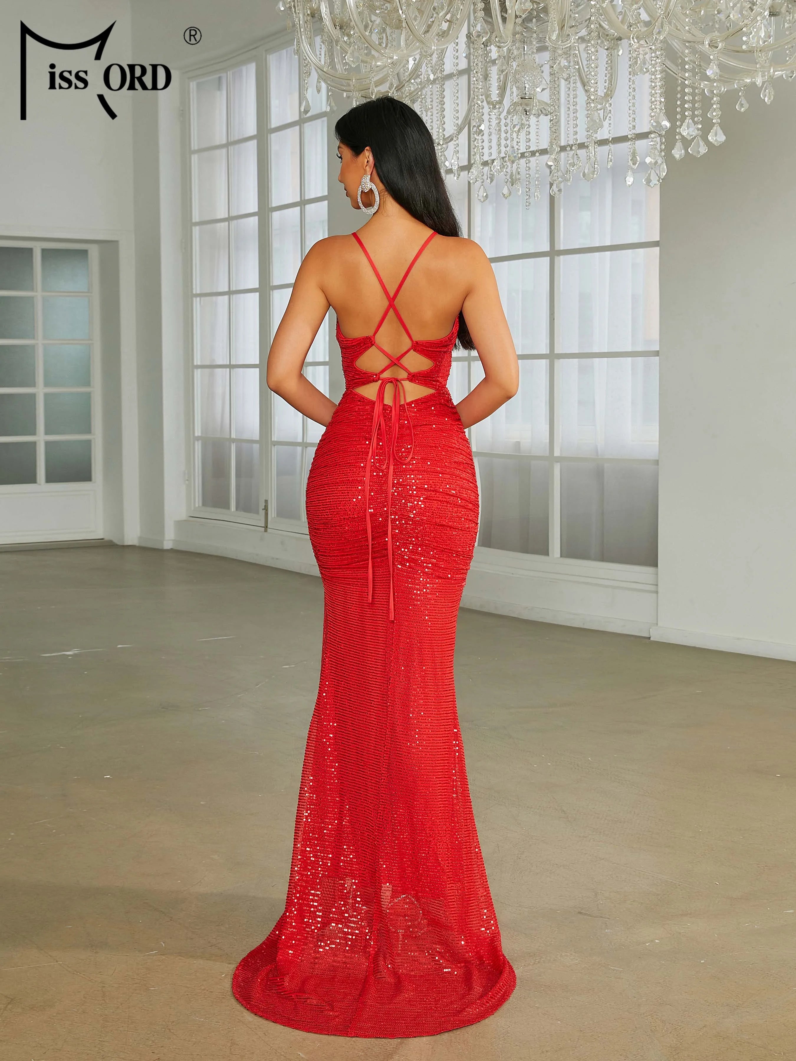 FZ Women's Spaghetti Backless Sexy Sequin Split Maxi Evening Dress