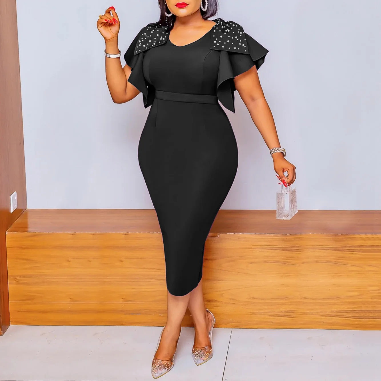 FZ Women's V Neck Ruffles Sleeve Beaded Sheath Mid Calf Back Split Church Dress