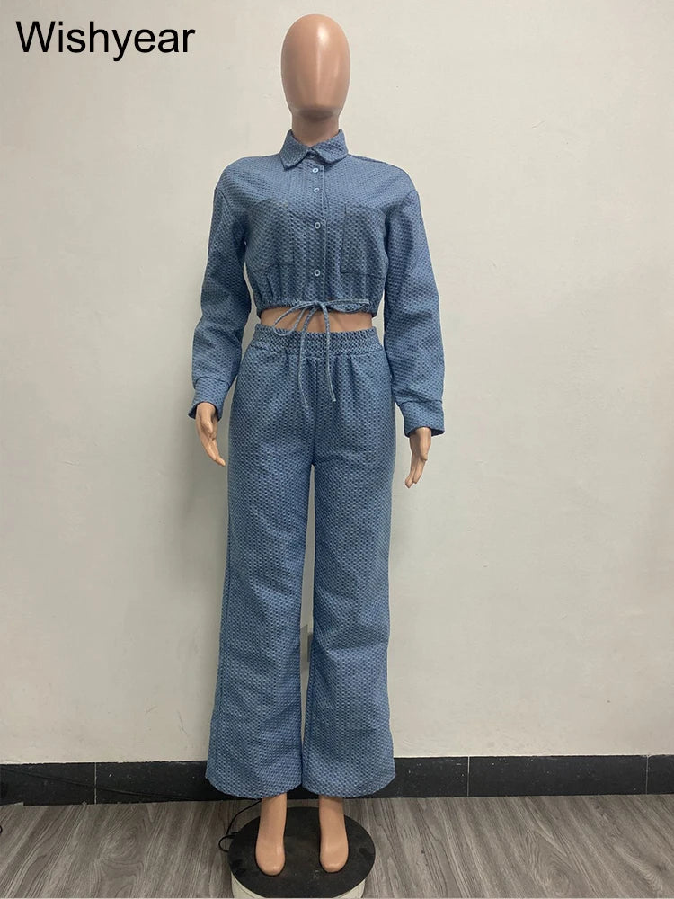 FZ Women's Elegant Denim Two Piece Drawstring Wide Leg Pants Suit - FZwear