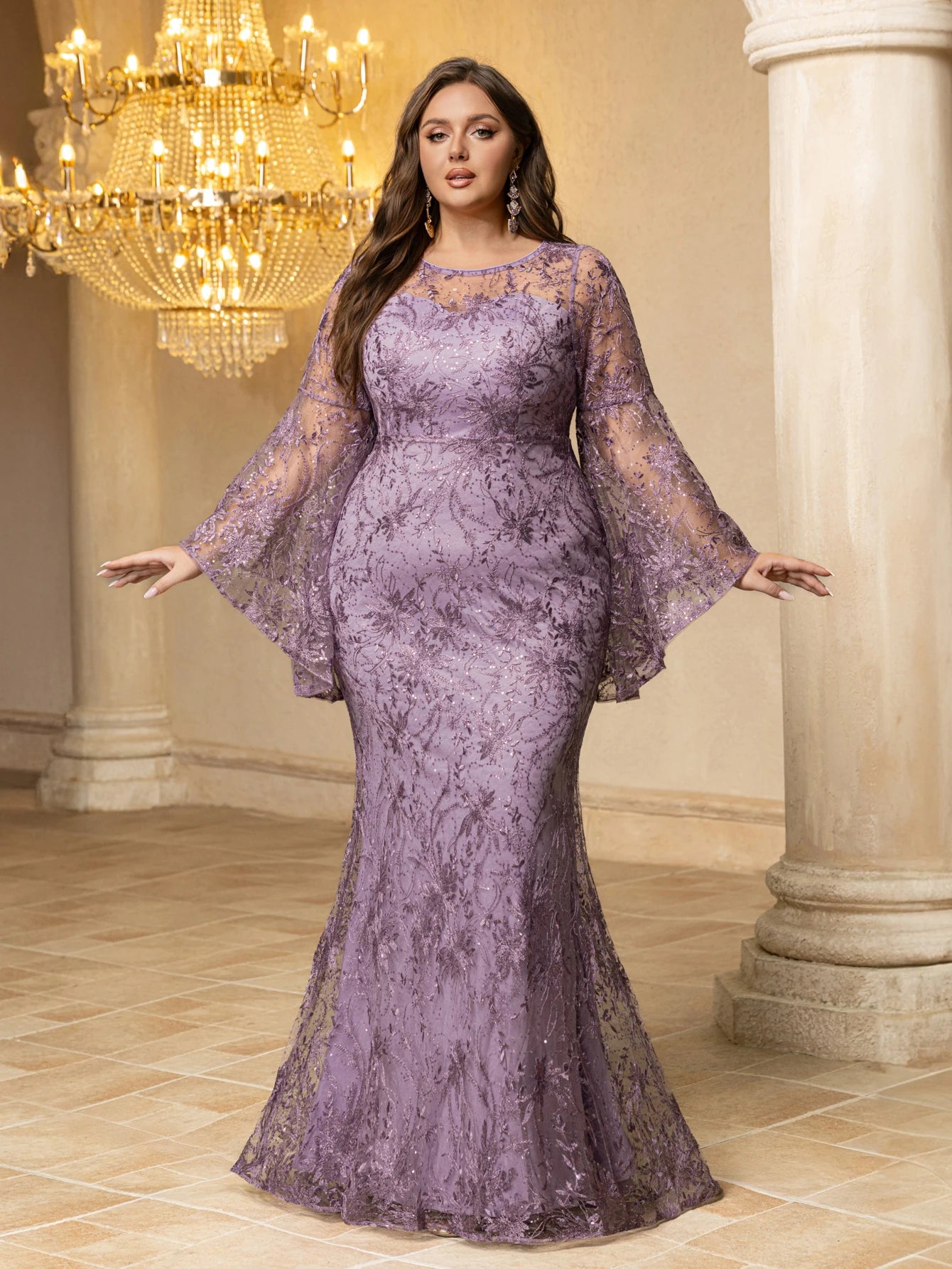 FZ Women's Plus Size  Mesh & Embroidery Splicing, Flared Sleeves Evening Dress