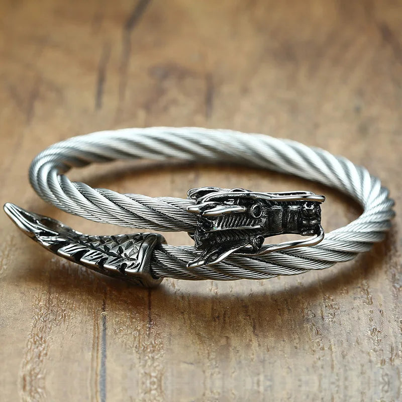 FZ Punk Viking Black Dragon Stainless Steel Vintage Open Cuff Bracelet