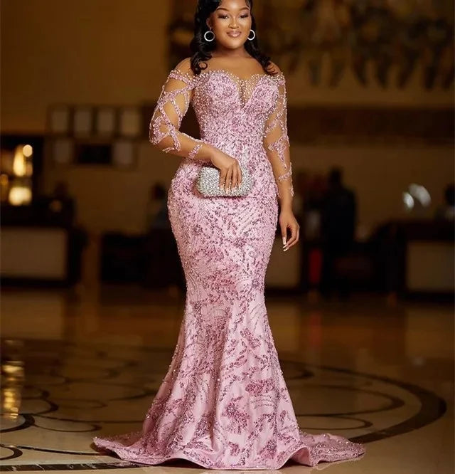 FZ Women's  Mermaid Long Sleeves Lace Beaded Evening Dress