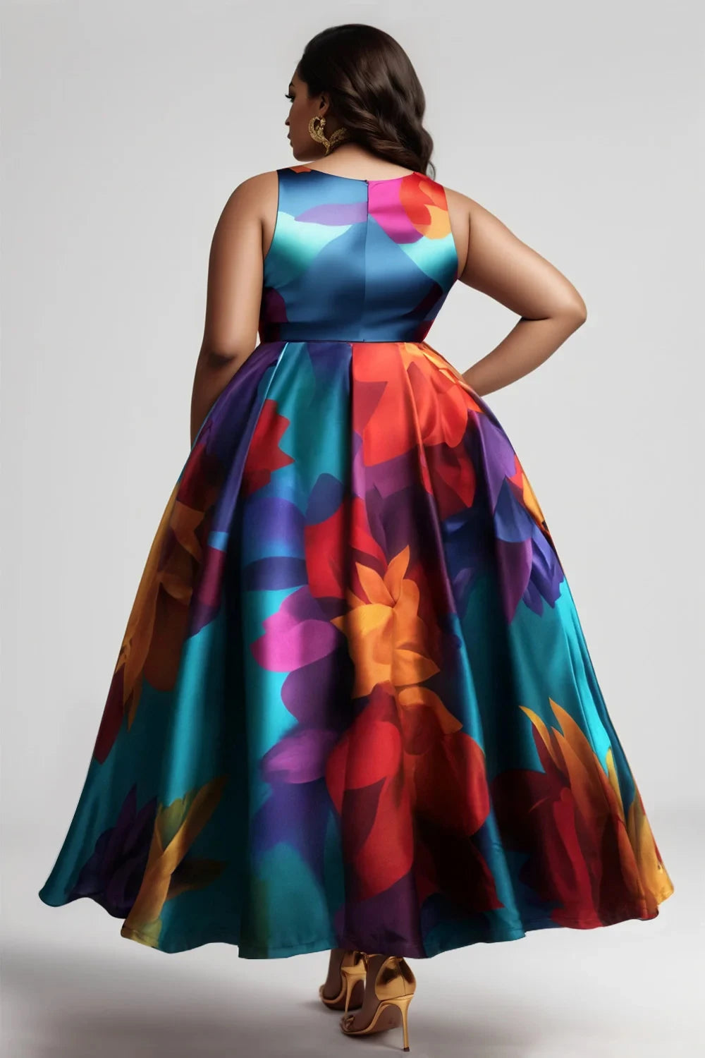 FZ Women's Plus Size Pleated A-Line Party  Floral Printed Vintage Maxi Evening Dress