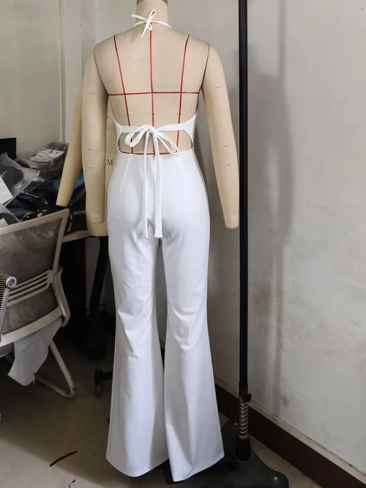 FZ Women's Beaded Fringed Palazzo Backless Fitted Wide Legs Jumpsuit