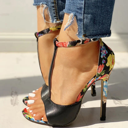 FZ Women's T-strap Floral Print High Heels Open Toe Gladiator Shoes - FZwear