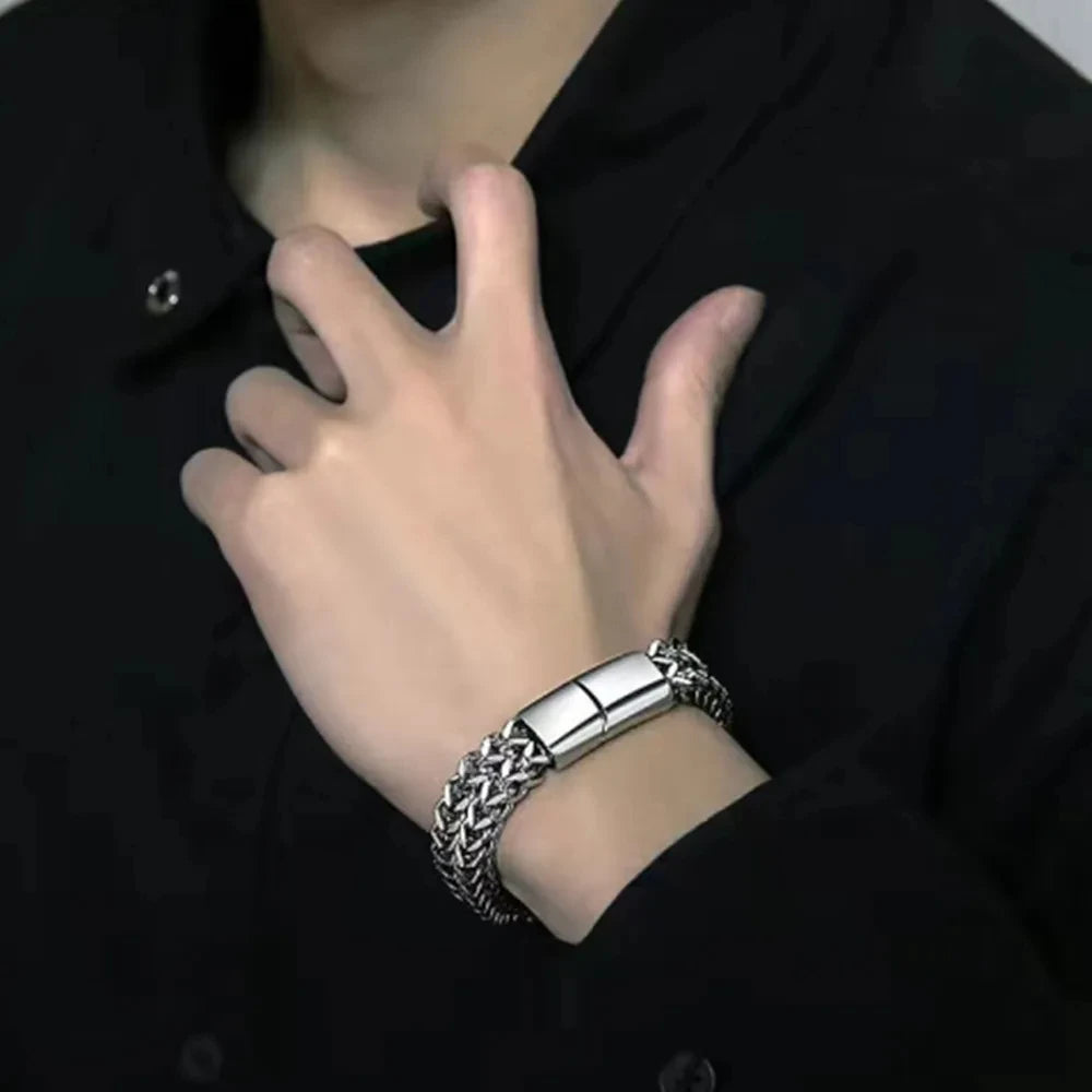 FZ Braided Double Row Fish Scale Alloy Magnetic Buckle Stainless Steel Bracelet