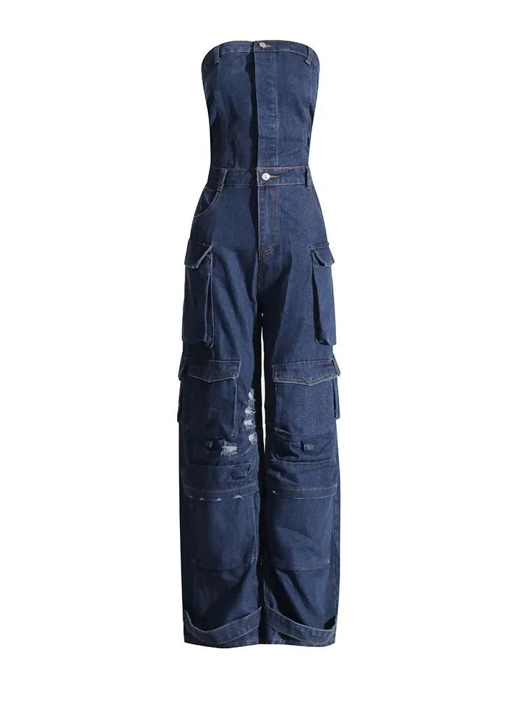 FZ Women's Solid Patchwork Strapless Sleeveless High Waist Denim Jumpsuit - FZwear