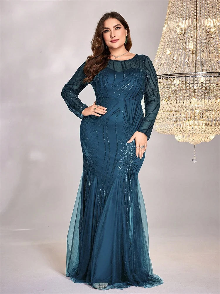FZ Women's Plus Size Long Sleeves Sequins Mermaid Maxi Evening Dress