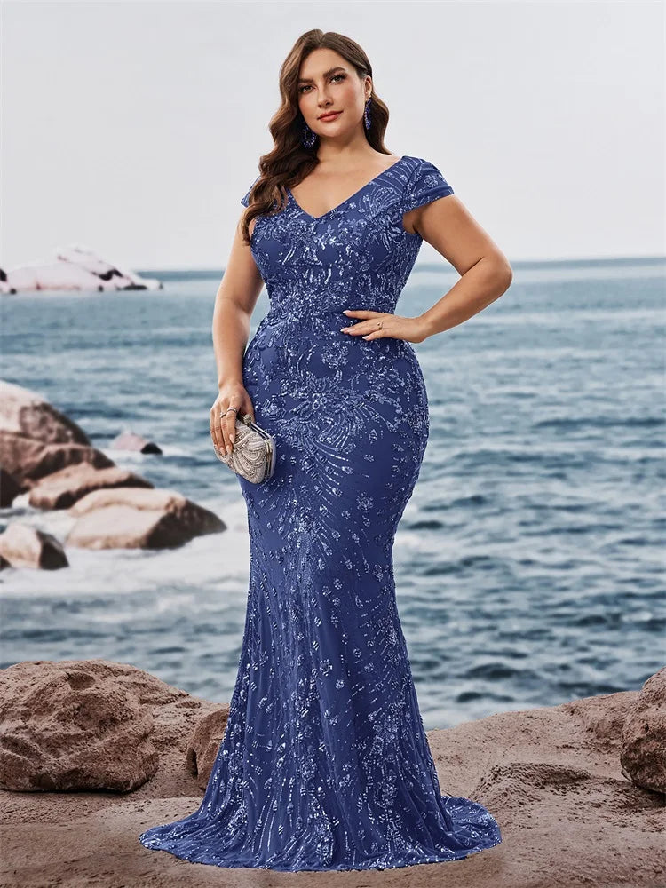 FZ Women's Plus Size V-neck Sequins Floor Length Evening Dress