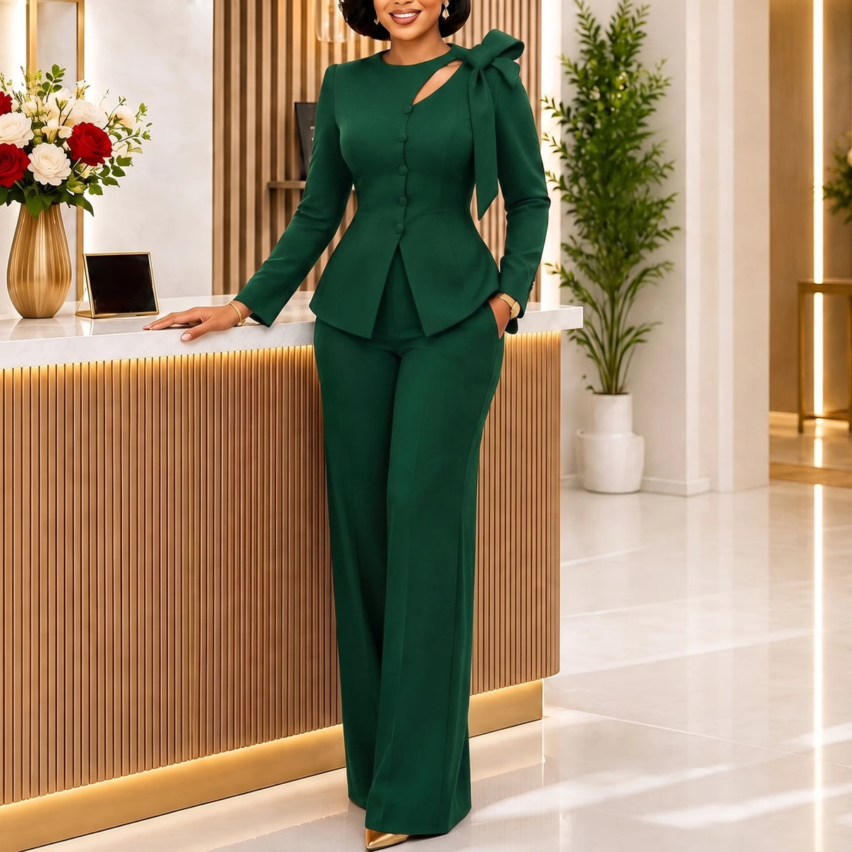 FZ Women's Two Piece O Neck Bow Peplum Top Wide Leg Pants Suit