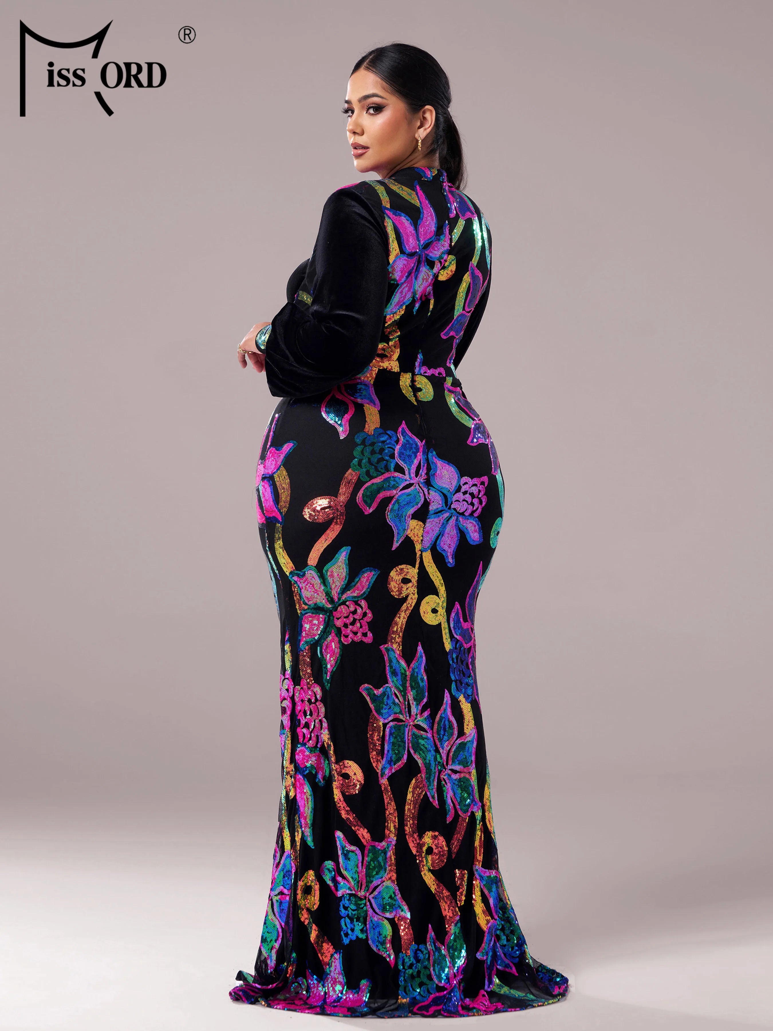 FZ Women's Plus Size Round Neck Lantern Sleeves Floral Sequin Mermaid Evening Dress