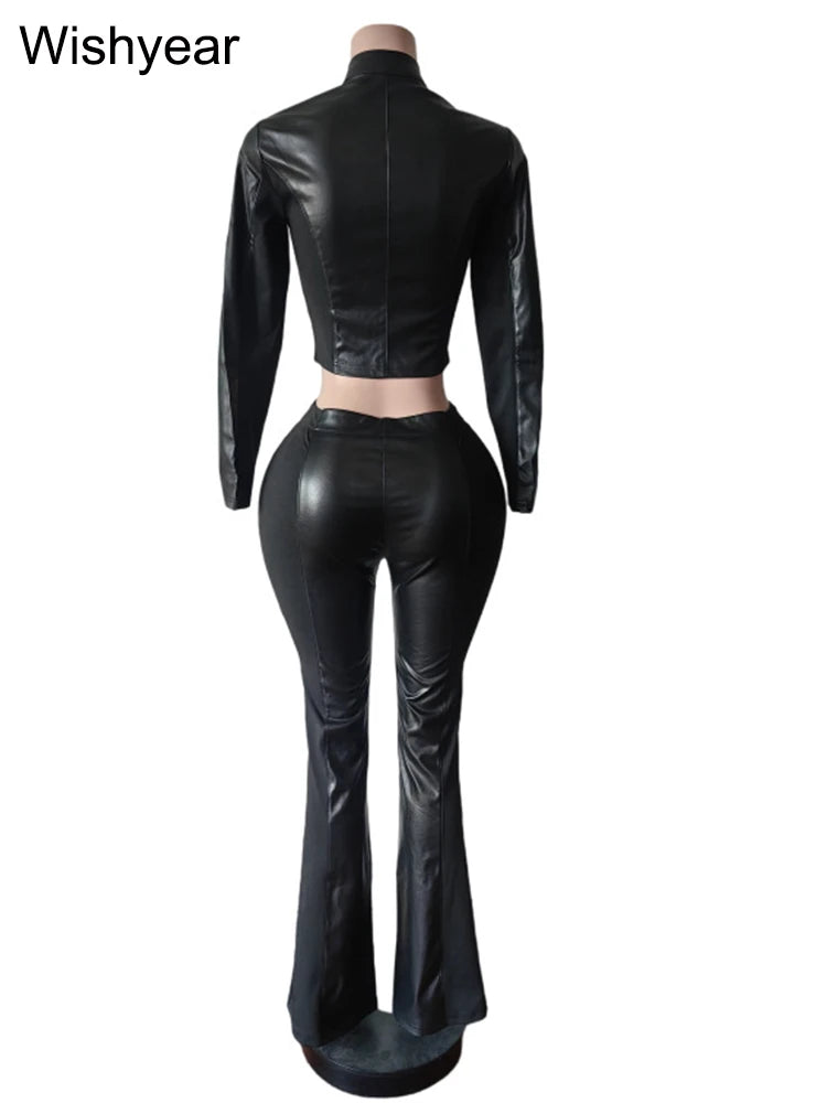 FZ Women's Street moto bike stretch PU Leather flared 2 Pieces Pants Suit