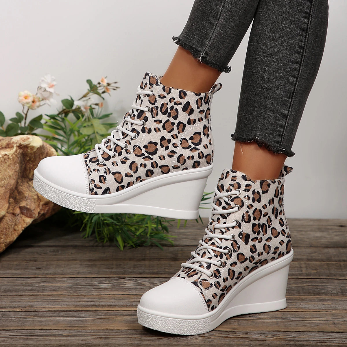 FZ Women's Lace-Up Wedges High Top Platform Canvas Sneakers