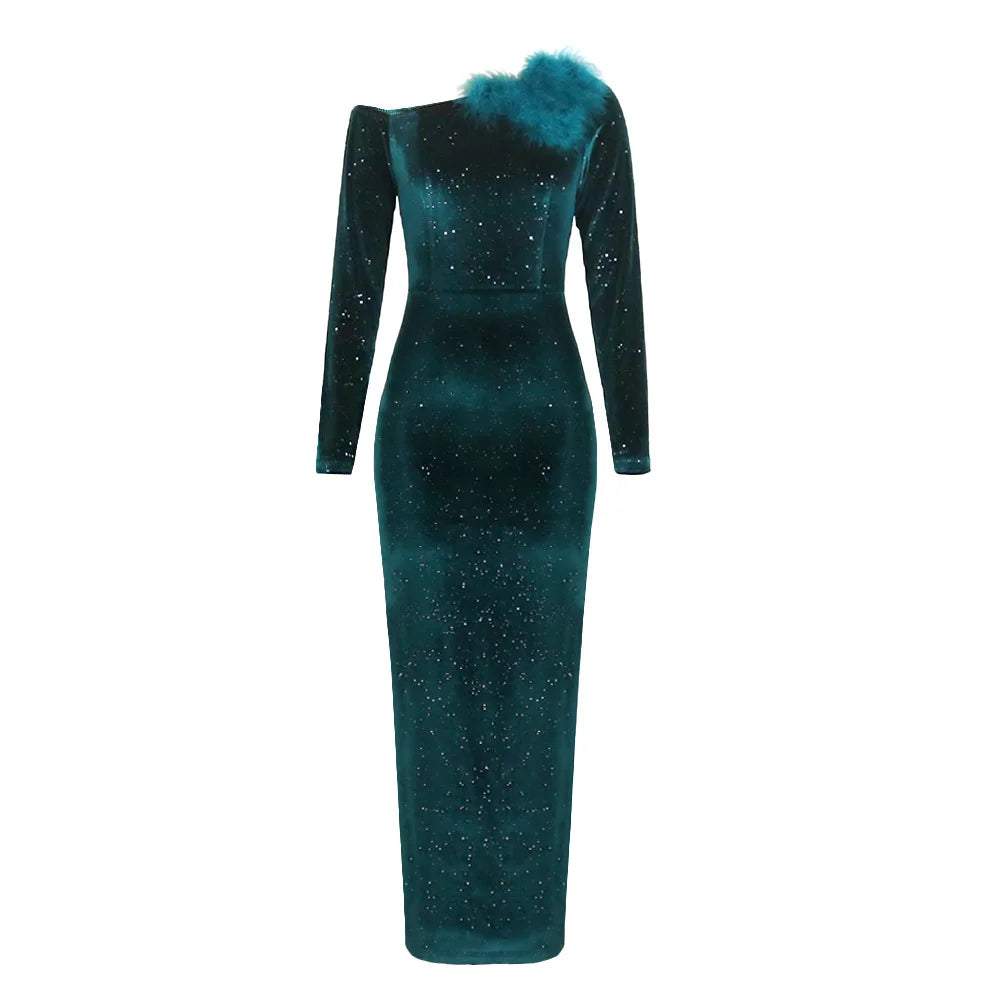 FZ Women's Plus Size One Shoulder Sequin Elegant Slim Fit Velvet Evening Dress