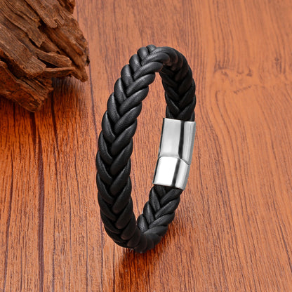 FZ Handmade Woven Leather Wrap Chain Stainless Steel Bracelet