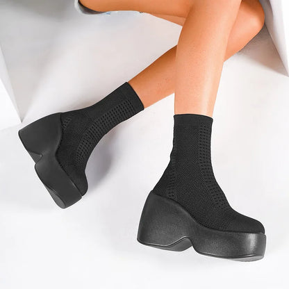 FZ Women's Knitting Chunky Platform Ankle Boots