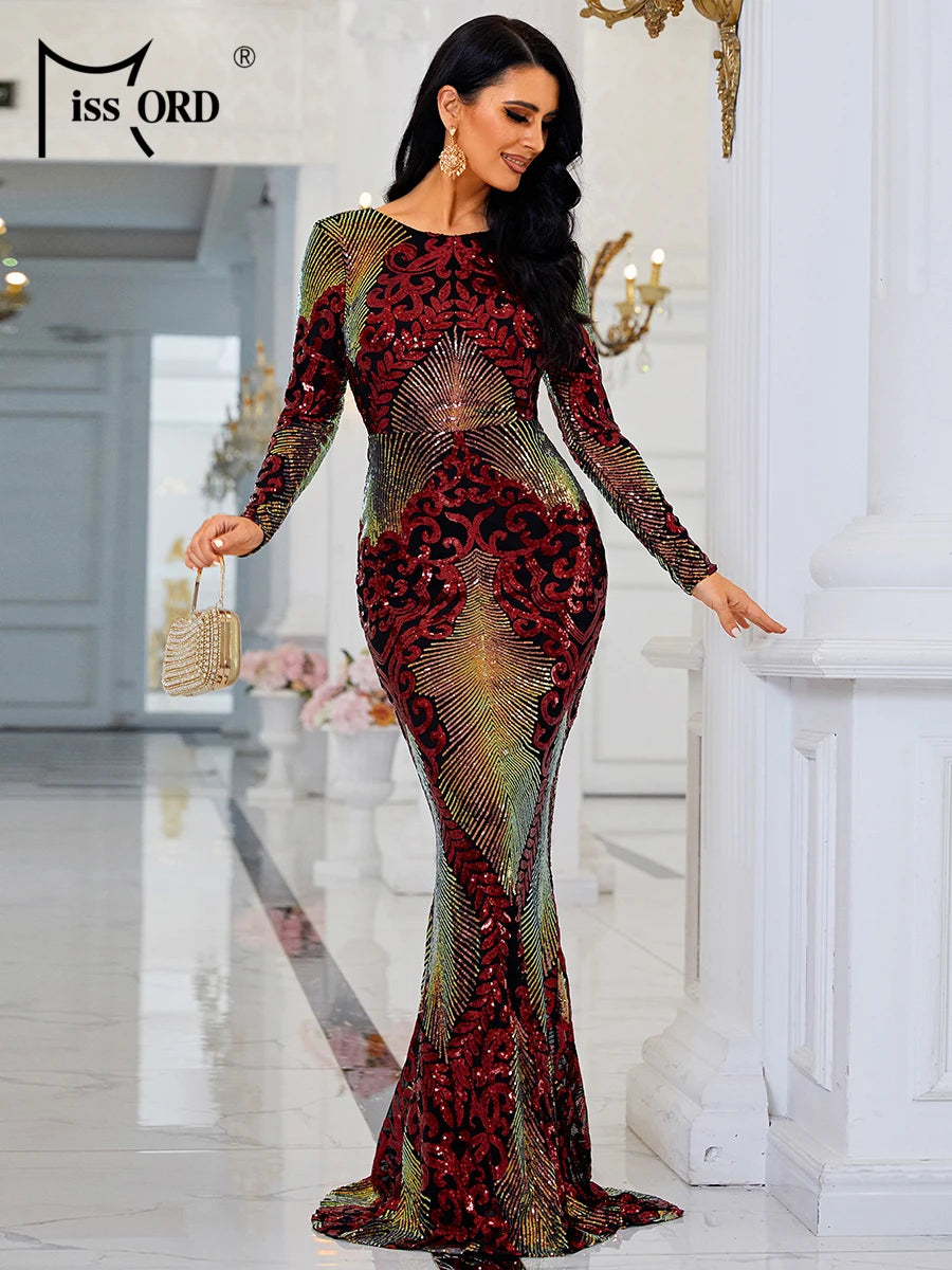 FZ Women's O Neck Long Sleeves Sequin Backless Maxi Mermaid Evening Dress