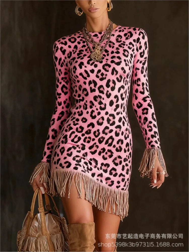 FZ Women's Retro Print Tassel Slim Fit O Neck  Mini Knitted Sweater Dress