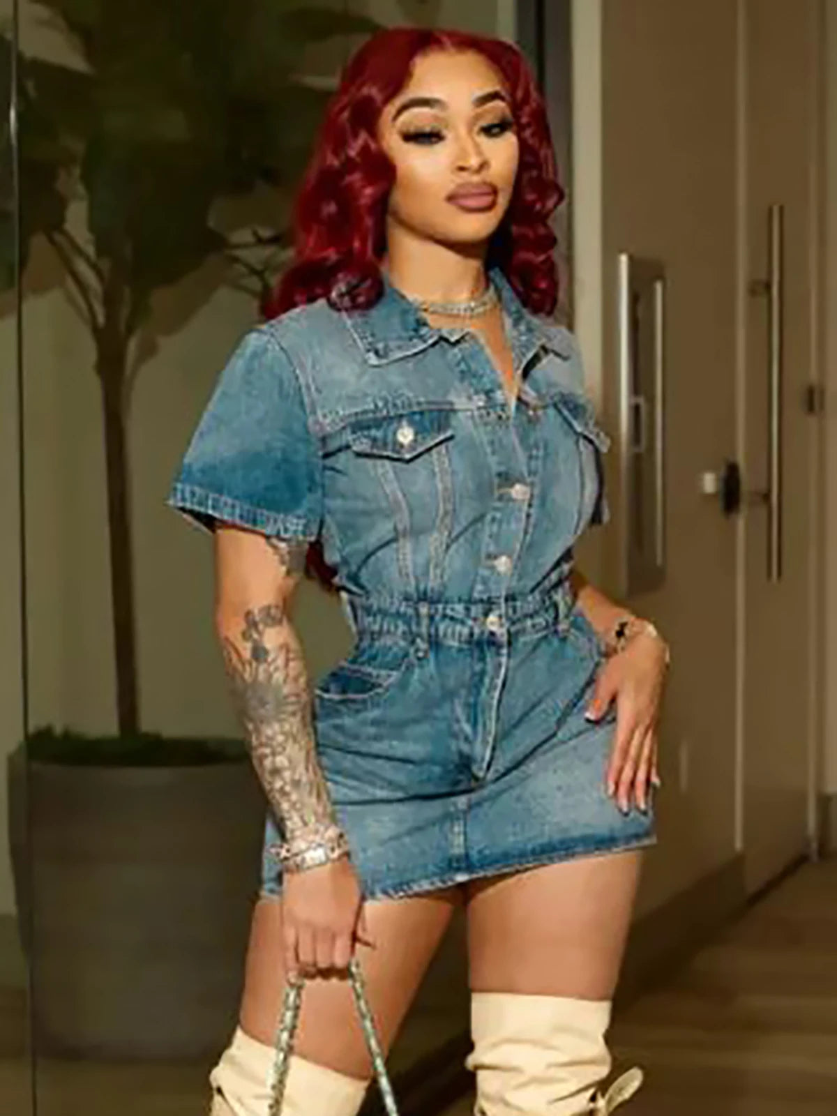 FZ Women's Short Sleeve Button Down Fitted Waist Mini Denim Dress