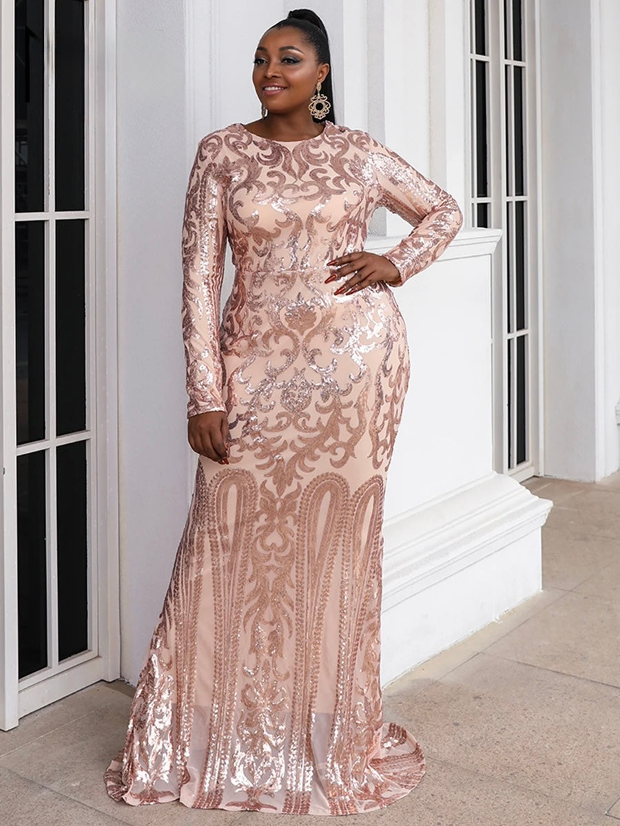 FZ Women's Plus Size Sequin O-neck Long Sleeve Mermaid Evening Dress