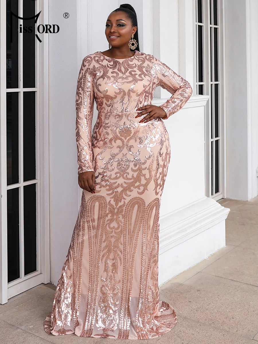 FZ Women's Plus Size Sequin O-neck Long Sleeve Mermaid Evening Dress