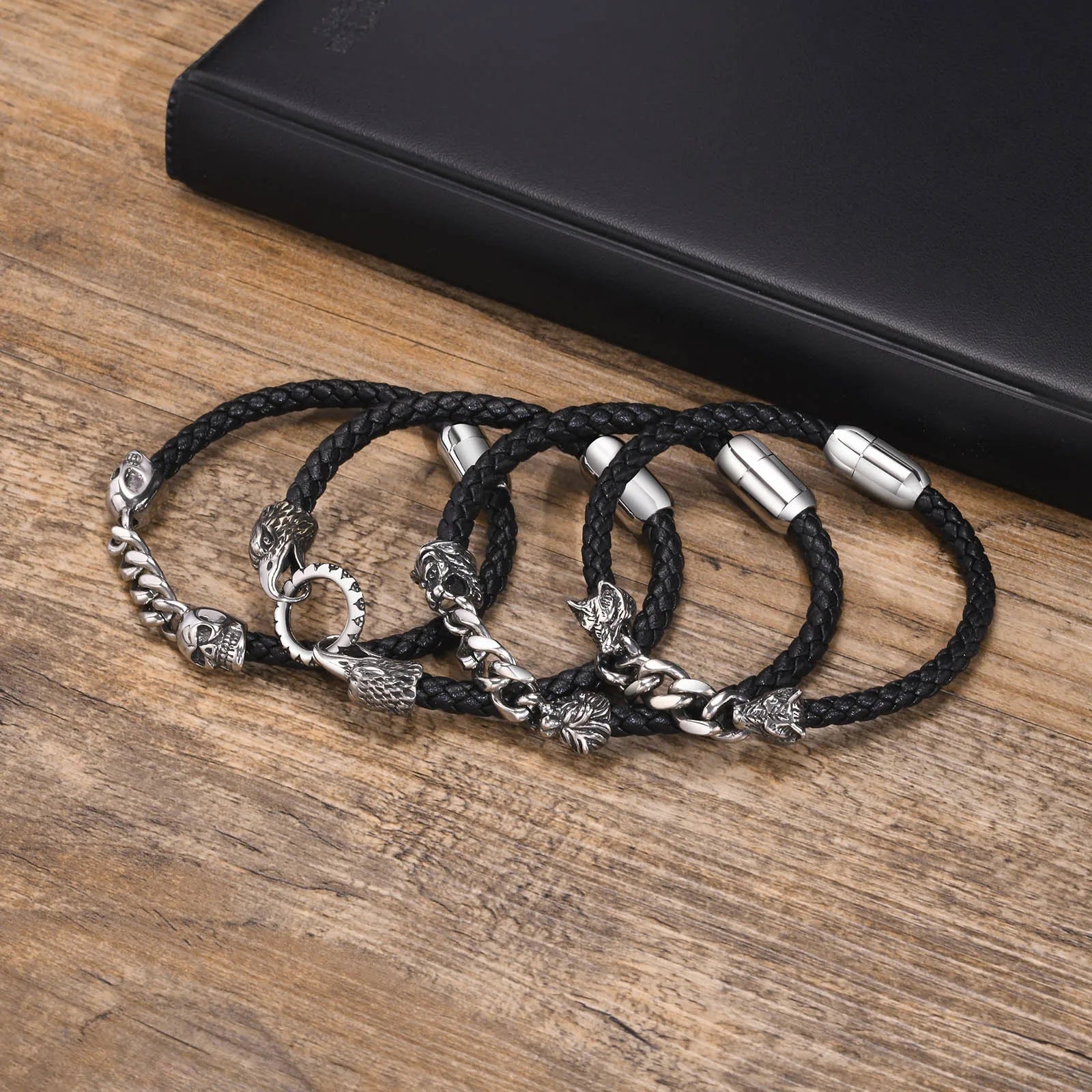 FZ Gothic Double Wolf Heads Braided Rope Chain Stainless Steel Bracelet - FZwear