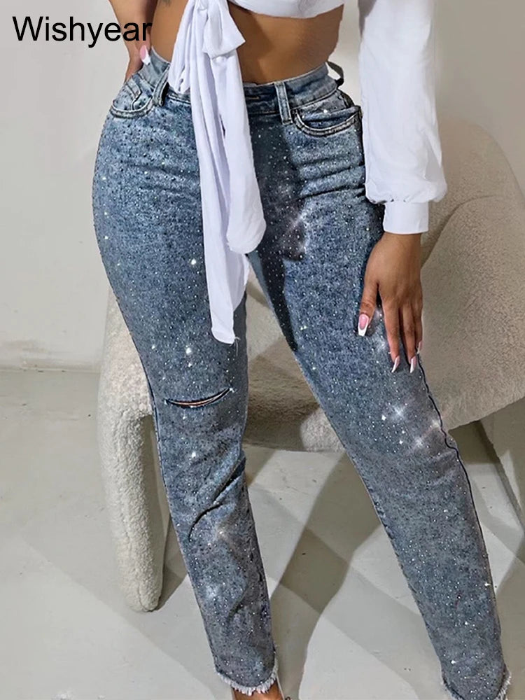 FZ Women's Skinny Stretch Diamonds Hole Pencil High Waist Washed Denim Pants