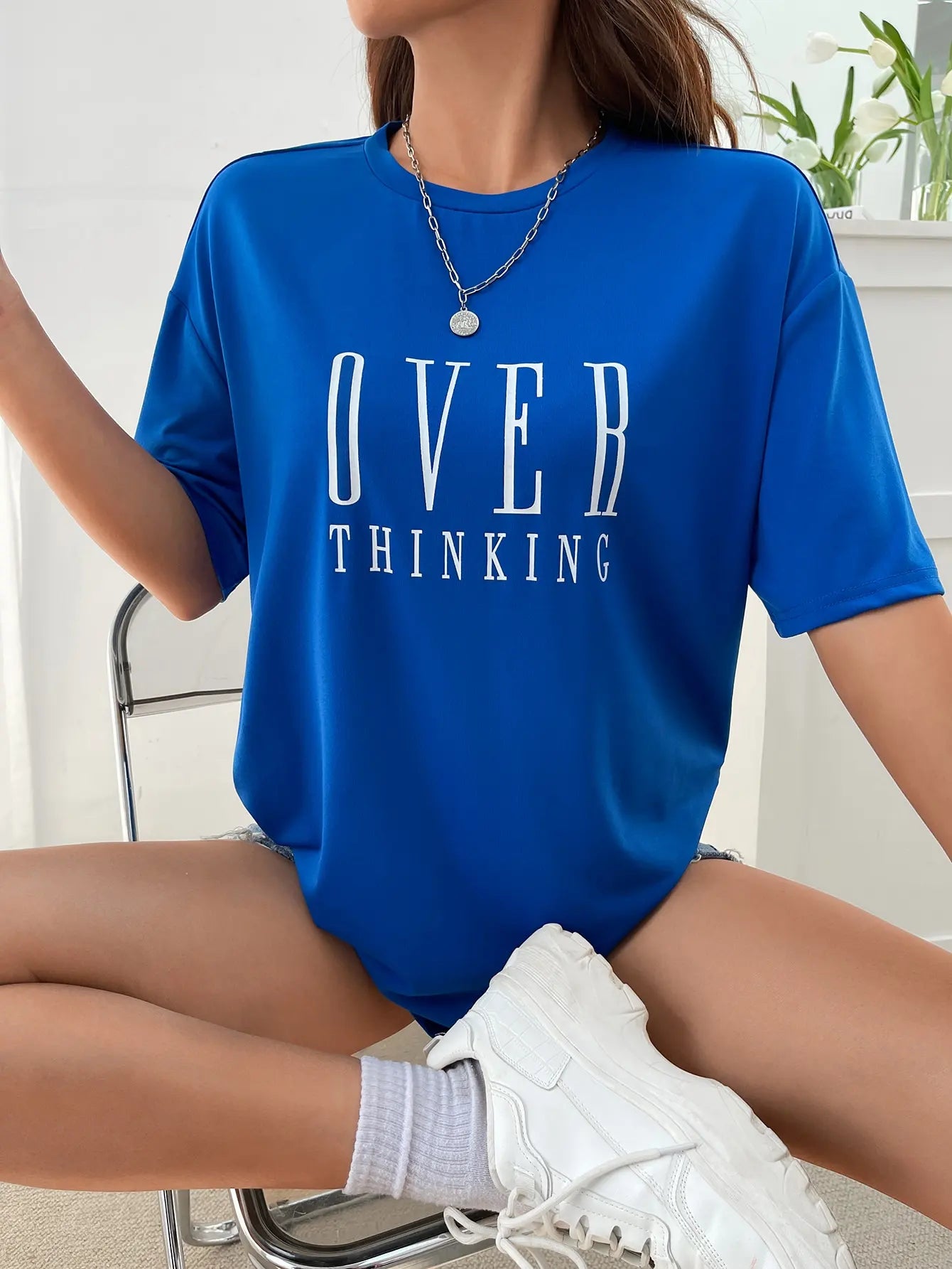 FZ Women's Over Thinking Letter Print Breathable Vintage Oversized Tee