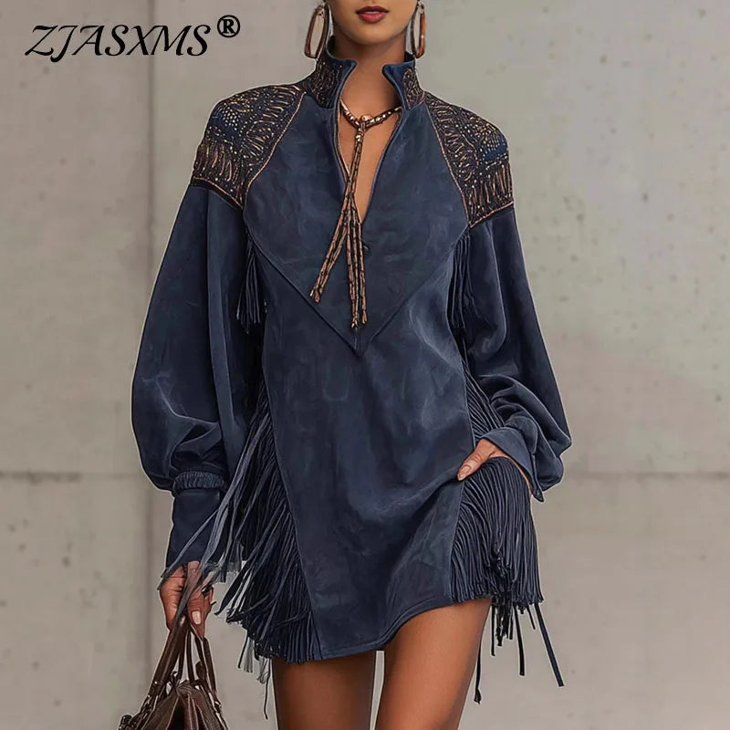 FZ Women's Vintage Fashion Print Tassels Mini Dress