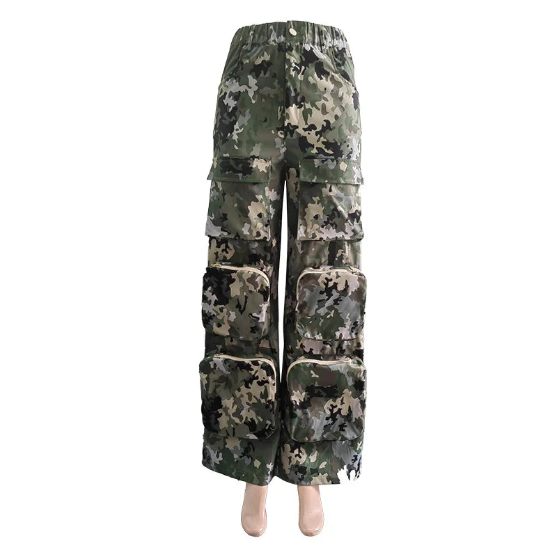 FZ Women's Camouflage High Waist Cargo Pocket Streetwear Wide Leg Pants