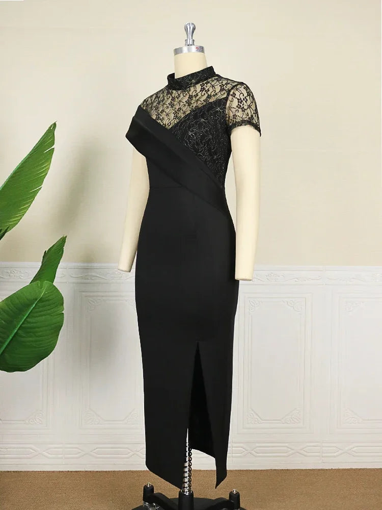 FZ Women's High Neck Lace Patchwork Sexy Slit Dress