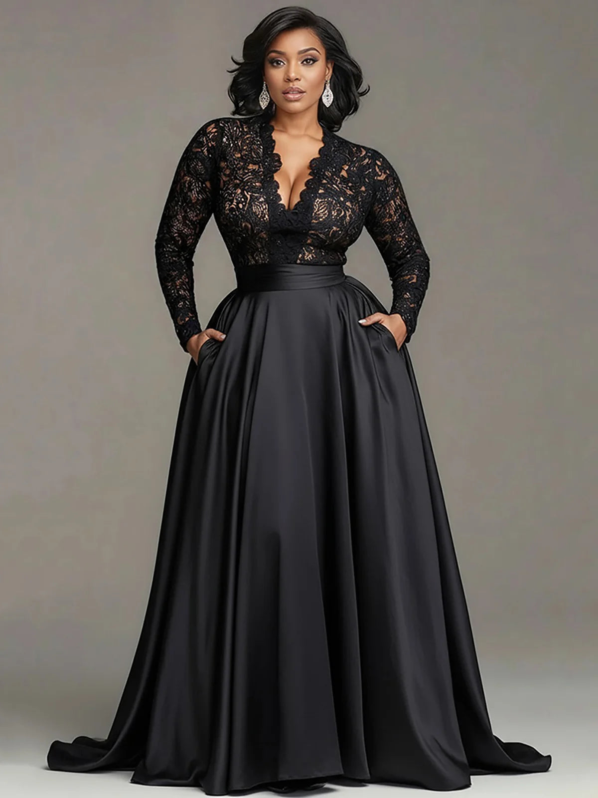 FZ Women’s Plus Size Lace Hollow Out Black V-Neck Cocktail  Maxi Evening Dress