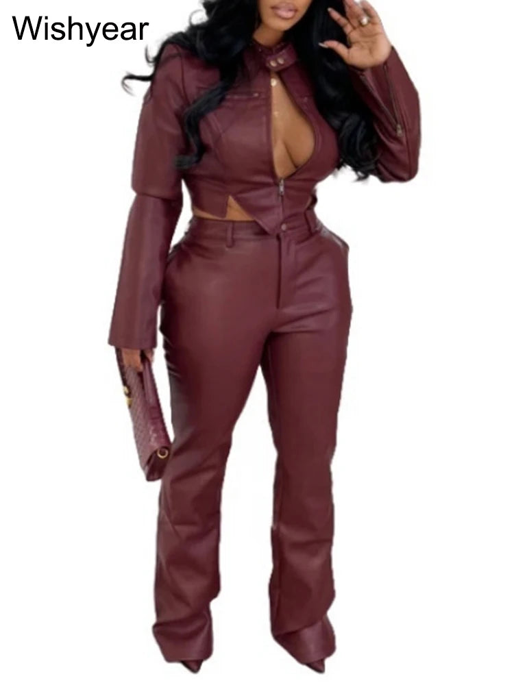FZ Women's Stretch PU Leather 2 Pieces Long Sleeves Zipper Pants Suit