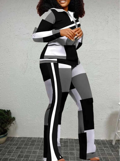 FZ Women's Plus Size Patchwork  Geometric Print Striped Flared Pants Suit