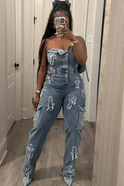 Sexy Denim Embroidery Jumpsuit Summer Sleeveless Backless Pencil Pants Jean One Piece Overalls for Women Streetwear Bodysuit FZwear